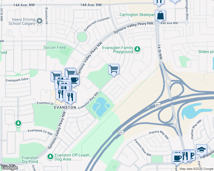 map of restaurants, bars, coffee shops, grocery stores, and more near 231 Evanston Way Northwest in Calgary