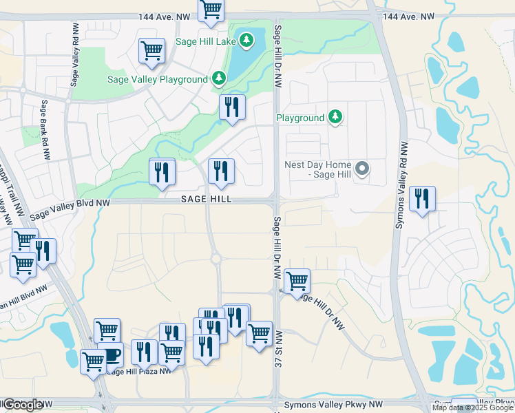 map of restaurants, bars, coffee shops, grocery stores, and more near 625 Sage Valley Boulevard Northwest in Calgary