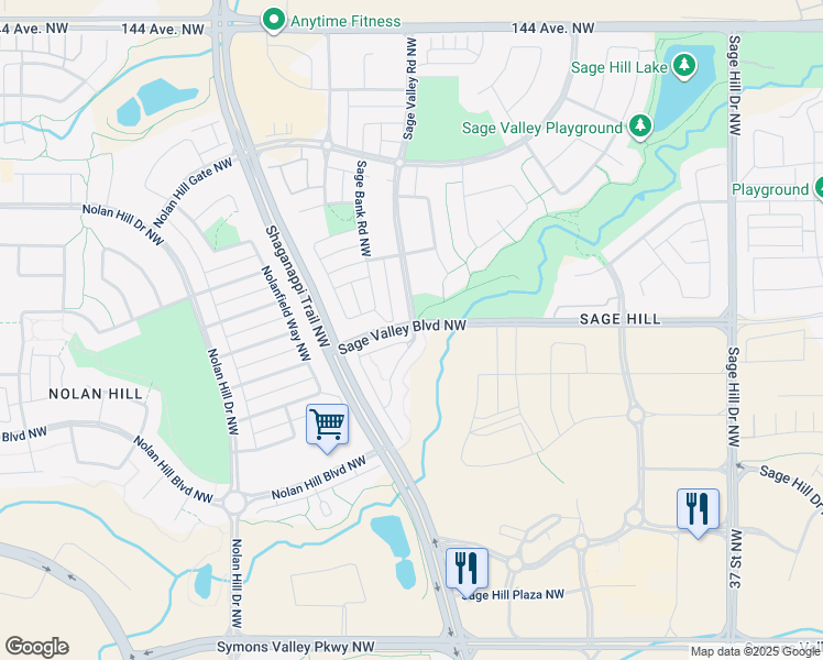 map of restaurants, bars, coffee shops, grocery stores, and more near 20 Sage Valley Road Northwest in Calgary