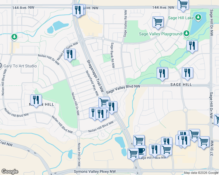 map of restaurants, bars, coffee shops, grocery stores, and more near 190 Sage Bank Grove Northwest in Calgary