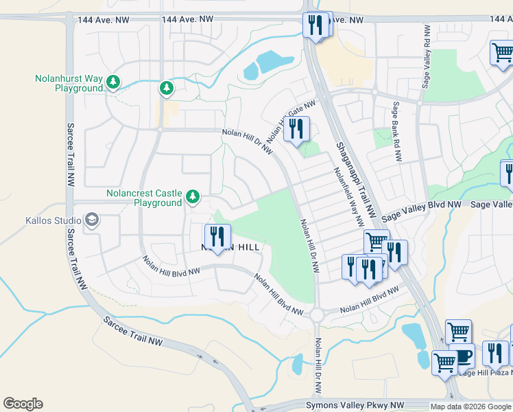 map of restaurants, bars, coffee shops, grocery stores, and more near 155 Nolancrest Heights Northwest in Calgary