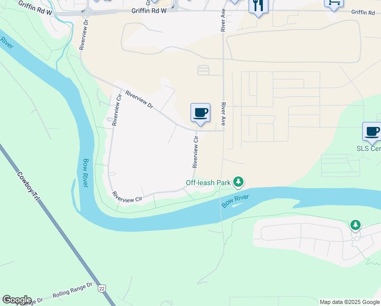 map of restaurants, bars, coffee shops, grocery stores, and more near 159 Riverview Circle in Cochrane