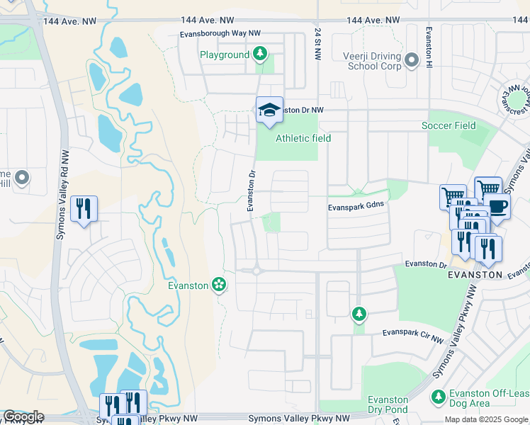 map of restaurants, bars, coffee shops, grocery stores, and more near 190 Evansridge Circle Northwest in Calgary