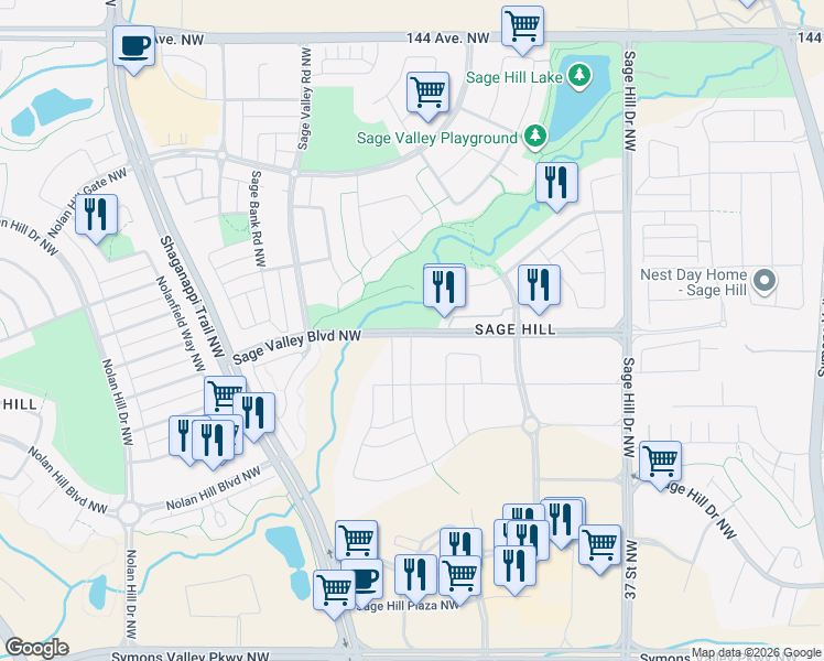 map of restaurants, bars, coffee shops, grocery stores, and more near Sage Valley Boulevard Northwest in Calgary