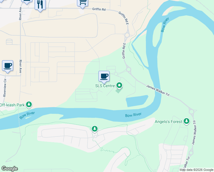 map of restaurants, bars, coffee shops, grocery stores, and more near 800 Griffin Road East in Cochrane