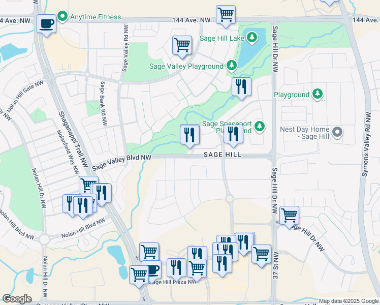 map of restaurants, bars, coffee shops, grocery stores, and more near 69 Sage Hill Common Northwest in Calgary