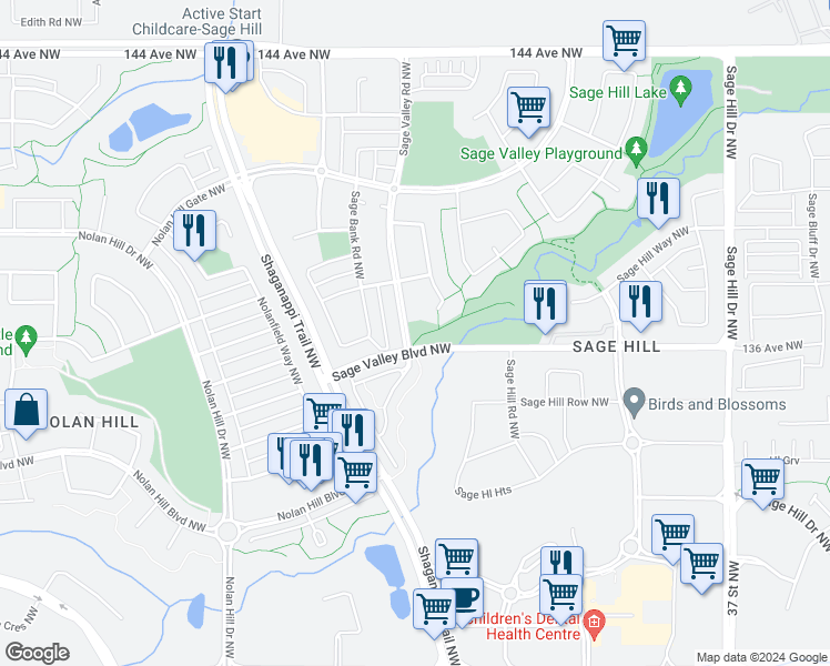 map of restaurants, bars, coffee shops, grocery stores, and more near 20 Sage Valley Road Northwest in Calgary