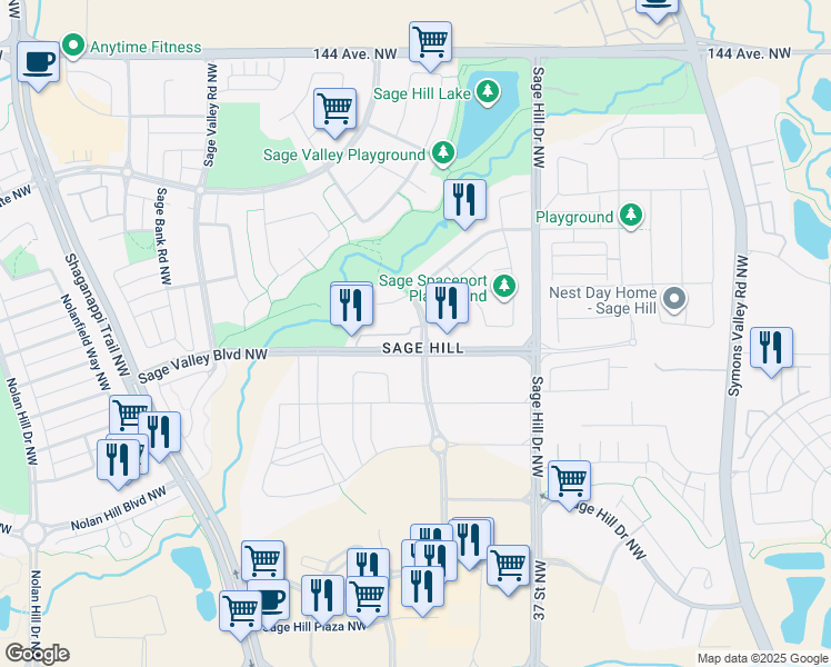 map of restaurants, bars, coffee shops, grocery stores, and more near 16 Sage Hill Common Northwest in Calgary