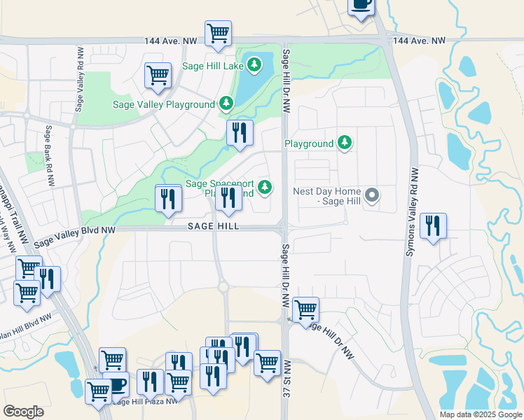 map of restaurants, bars, coffee shops, grocery stores, and more near 60 Sage Hill Green Northwest in Calgary