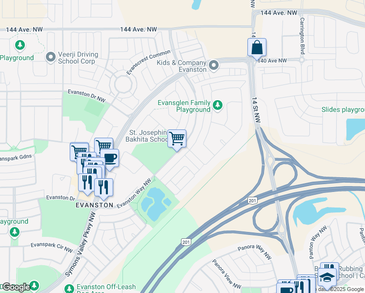 map of restaurants, bars, coffee shops, grocery stores, and more near 468 Evanston Way Northwest in Calgary