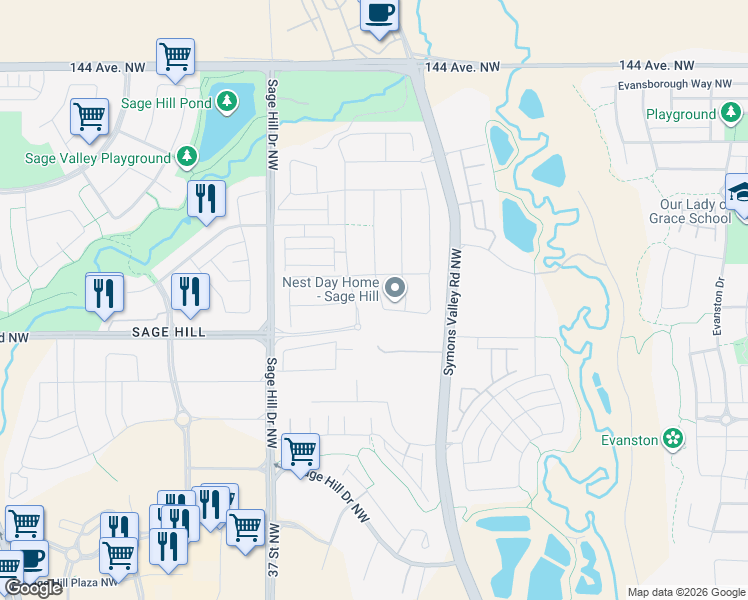 map of restaurants, bars, coffee shops, grocery stores, and more near 271 Sage Bluff Rise Northwest in Calgary