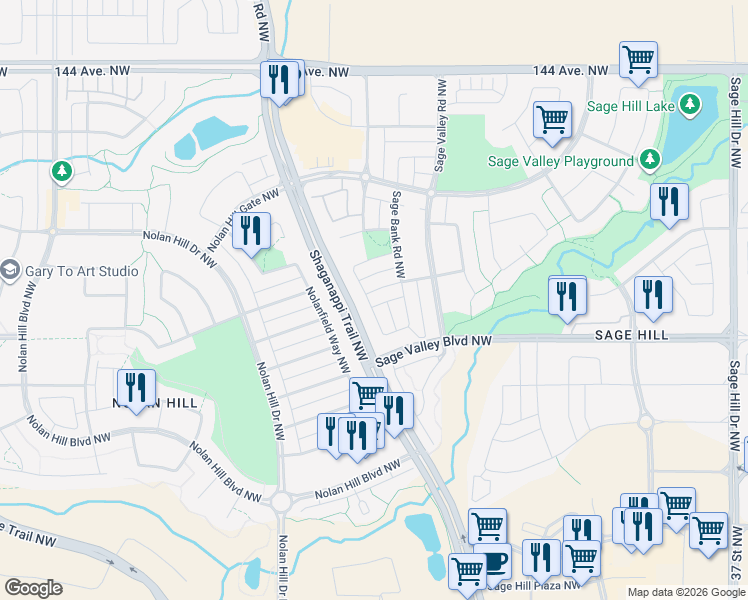 map of restaurants, bars, coffee shops, grocery stores, and more near 29 Sage Bank Link Northwest in Calgary