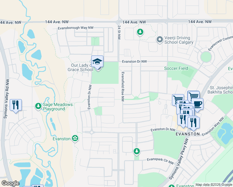 map of restaurants, bars, coffee shops, grocery stores, and more near 139 Evansridge Crescent Northwest in Calgary