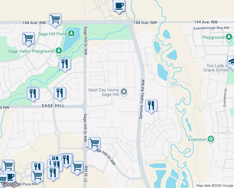 map of restaurants, bars, coffee shops, grocery stores, and more near 271 Sage Bluff Rise Northwest in Calgary