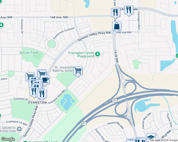map of restaurants, bars, coffee shops, grocery stores, and more near 479 Evansglen Drive Northwest in Calgary
