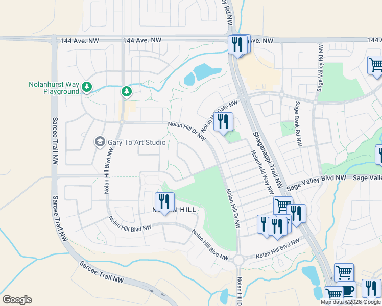 map of restaurants, bars, coffee shops, grocery stores, and more near 71 Nolancrest Rise Northwest in Calgary