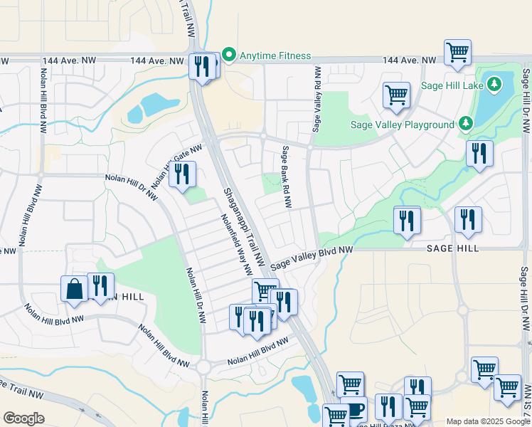 map of restaurants, bars, coffee shops, grocery stores, and more near 56 Sage Bank Link Northwest in Calgary