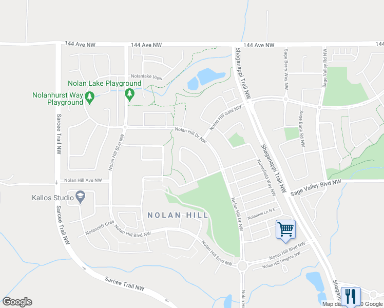 map of restaurants, bars, coffee shops, grocery stores, and more near 87 Nolancrest Rise Northwest in Calgary