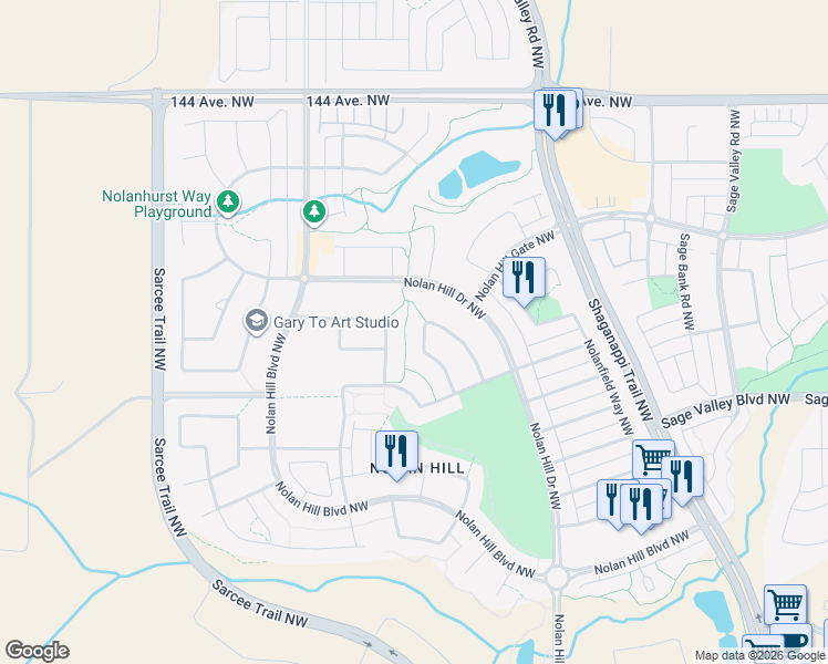 map of restaurants, bars, coffee shops, grocery stores, and more near 138 Nolancrest Rise Northwest in Calgary