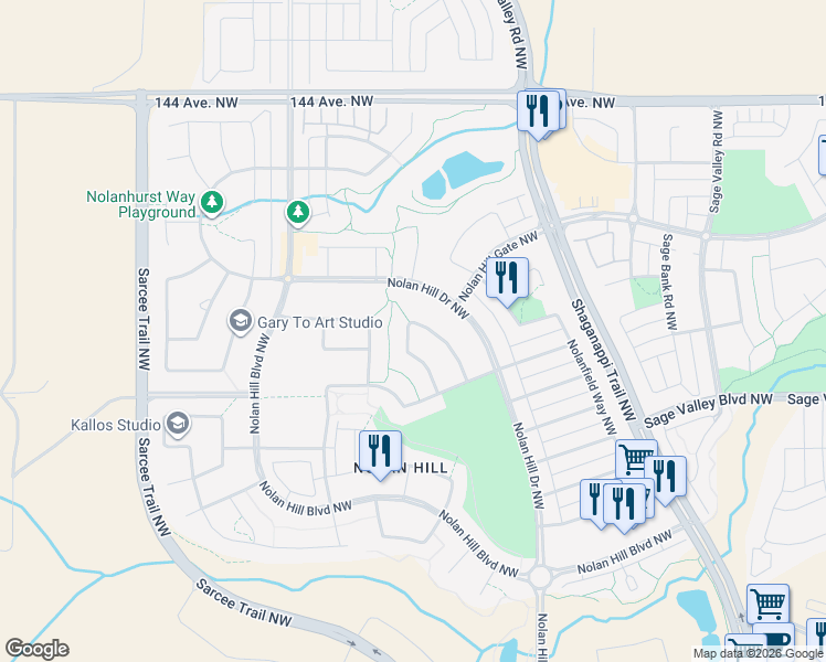map of restaurants, bars, coffee shops, grocery stores, and more near 87 Nolancrest Rise Northwest in Calgary