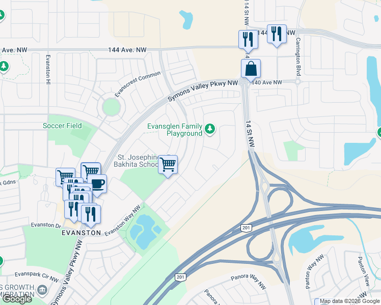 map of restaurants, bars, coffee shops, grocery stores, and more near 479 Evansglen Drive Northwest in Calgary