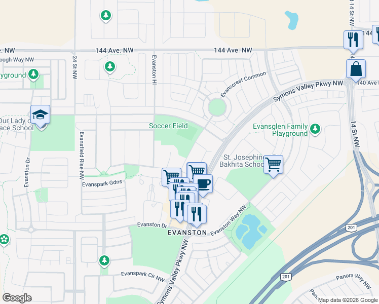 map of restaurants, bars, coffee shops, grocery stores, and more near Evanswood Circle Northwest in Calgary