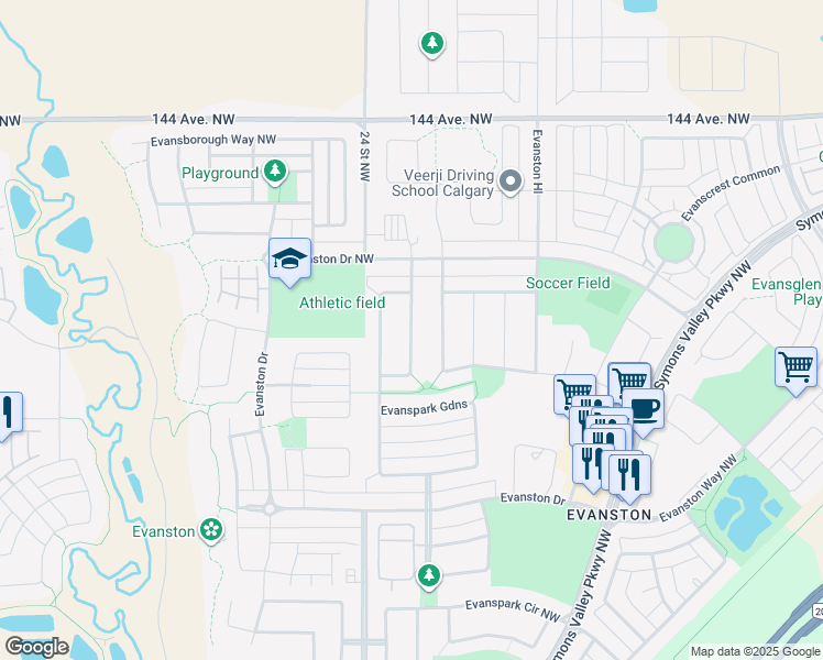 map of restaurants, bars, coffee shops, grocery stores, and more near Evansfield Park Northwest in Calgary