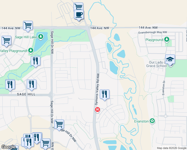 map of restaurants, bars, coffee shops, grocery stores, and more near 238 Sage Bluff Rise Northwest in Calgary
