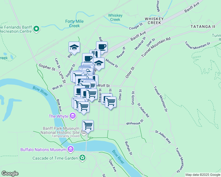 map of restaurants, bars, coffee shops, grocery stores, and more near 228 Muskrat Street in Banff