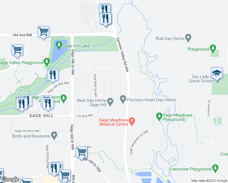 map of restaurants, bars, coffee shops, grocery stores, and more near 26 Sage Bluff Heights Northwest in Calgary