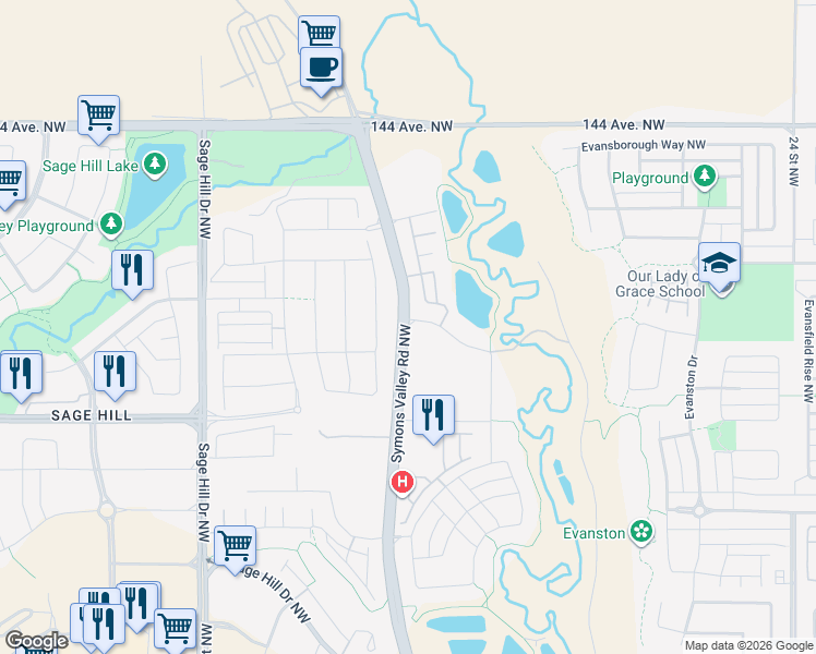 map of restaurants, bars, coffee shops, grocery stores, and more near 238 Sage Bluff Rise Northwest in Calgary