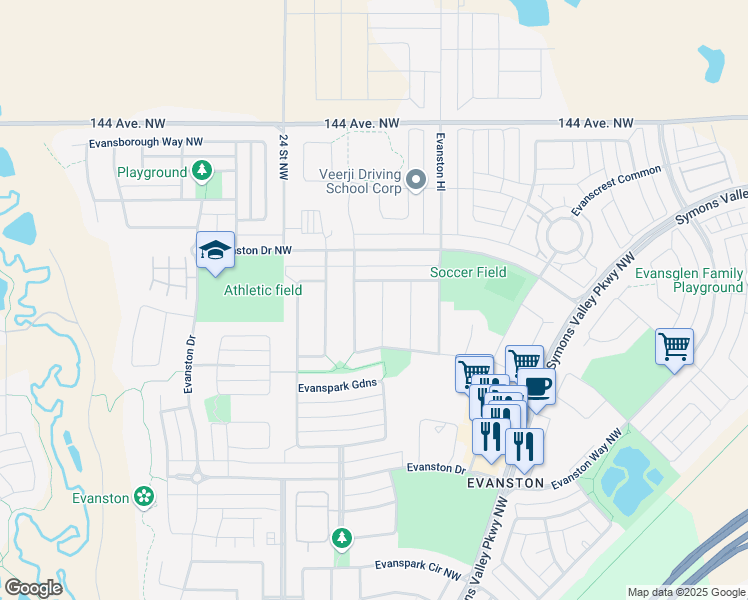 map of restaurants, bars, coffee shops, grocery stores, and more near 49 Evansfield Gardens Northwest in Calgary