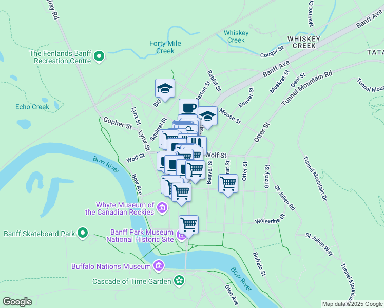 map of restaurants, bars, coffee shops, grocery stores, and more near Wolf St & Banff Ave in Banff