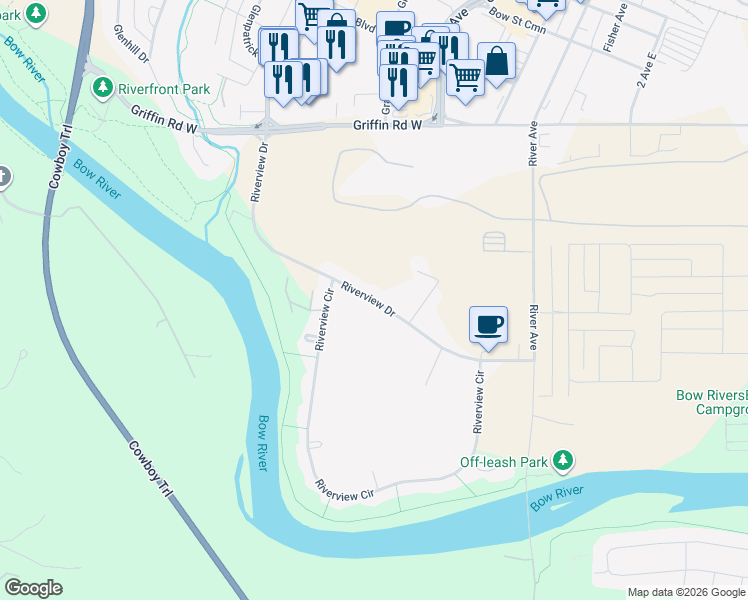 map of restaurants, bars, coffee shops, grocery stores, and more near Riverview Drive in Cochrane