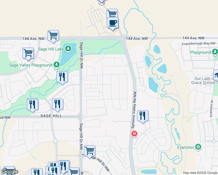 map of restaurants, bars, coffee shops, grocery stores, and more near 71 Sage Bluff Road Northwest in Calgary