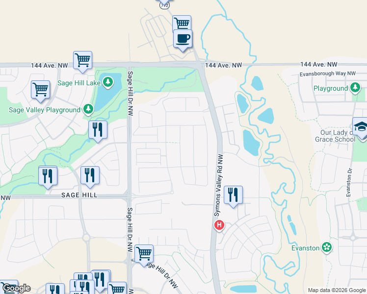 map of restaurants, bars, coffee shops, grocery stores, and more near 71 Sage Bluff Road Northwest in Calgary