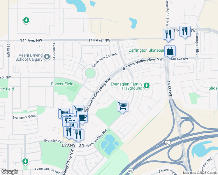 map of restaurants, bars, coffee shops, grocery stores, and more near Evansglen Mews Northwest in Calgary