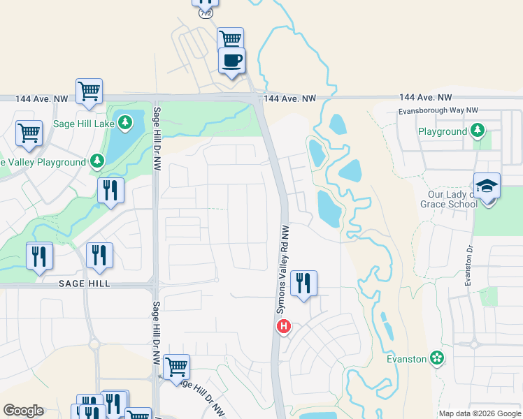 map of restaurants, bars, coffee shops, grocery stores, and more near 26 Sage Bluff Heights Northwest in Calgary