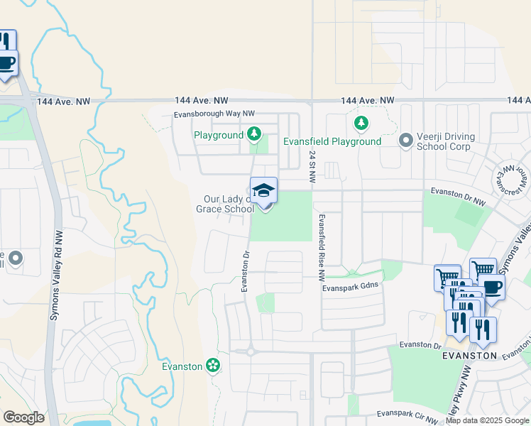 map of restaurants, bars, coffee shops, grocery stores, and more near 736 Evanston Drive in Calgary