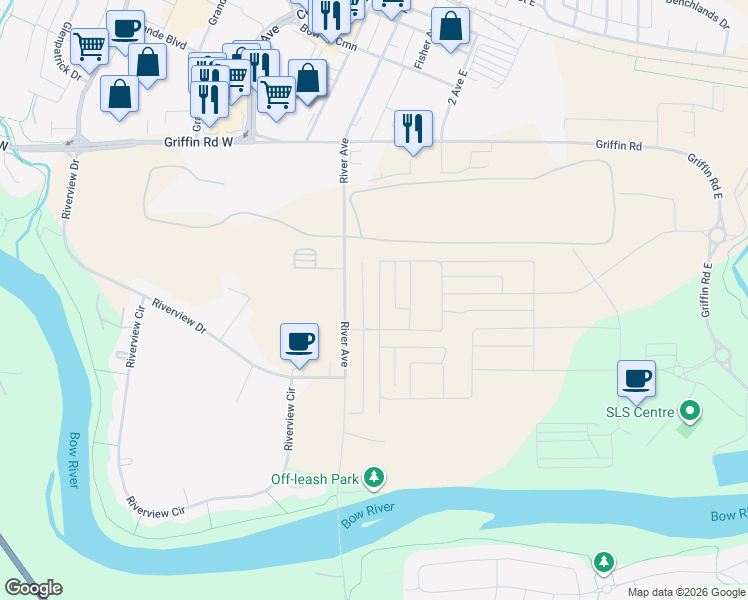 map of restaurants, bars, coffee shops, grocery stores, and more near 410 River Avenue in Cochrane