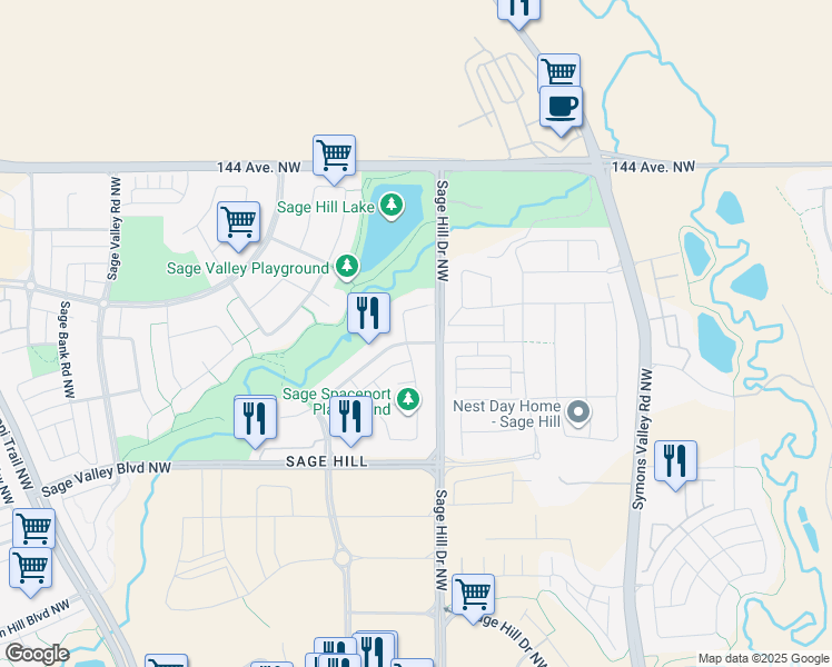 map of restaurants, bars, coffee shops, grocery stores, and more near 18 Sage Hill Way Northwest in Calgary