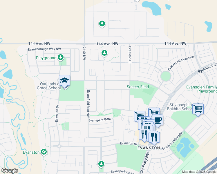 map of restaurants, bars, coffee shops, grocery stores, and more near 49 Evansfield Gardens Northwest in Calgary