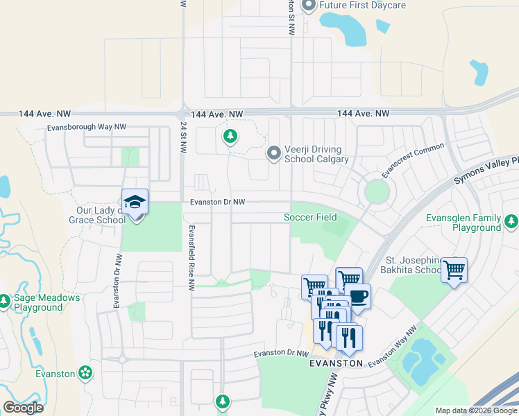 map of restaurants, bars, coffee shops, grocery stores, and more near 1011 Evanston Drive Northwest in Calgary