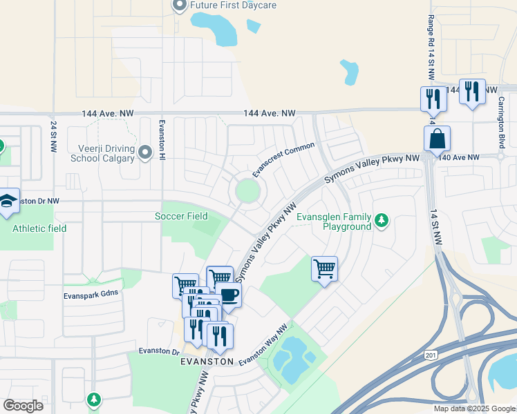 map of restaurants, bars, coffee shops, grocery stores, and more near 12 Evanscrest Manor Northwest in Calgary