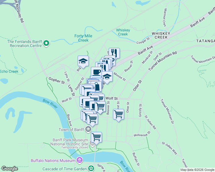 map of restaurants, bars, coffee shops, grocery stores, and more near 330 Banff Avenue in Banff