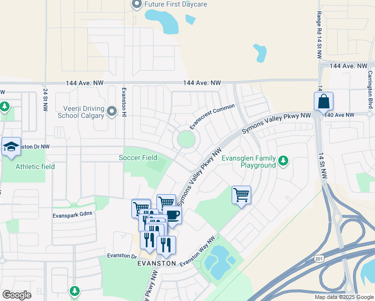 map of restaurants, bars, coffee shops, grocery stores, and more near 12 Evanscrest Manor Northwest in Calgary