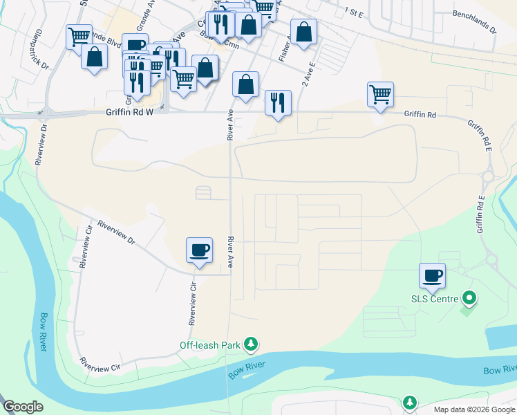 map of restaurants, bars, coffee shops, grocery stores, and more near 410 River Avenue in Cochrane