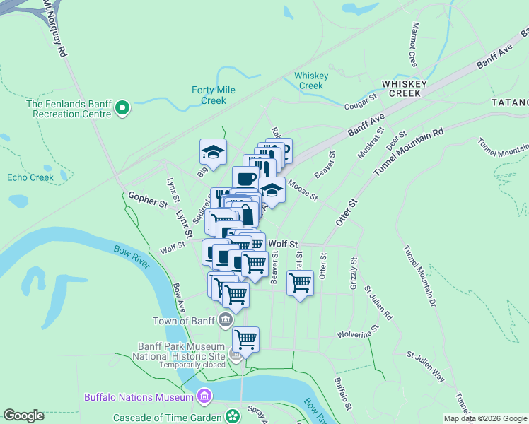 map of restaurants, bars, coffee shops, grocery stores, and more near 330 Banff Avenue in Banff