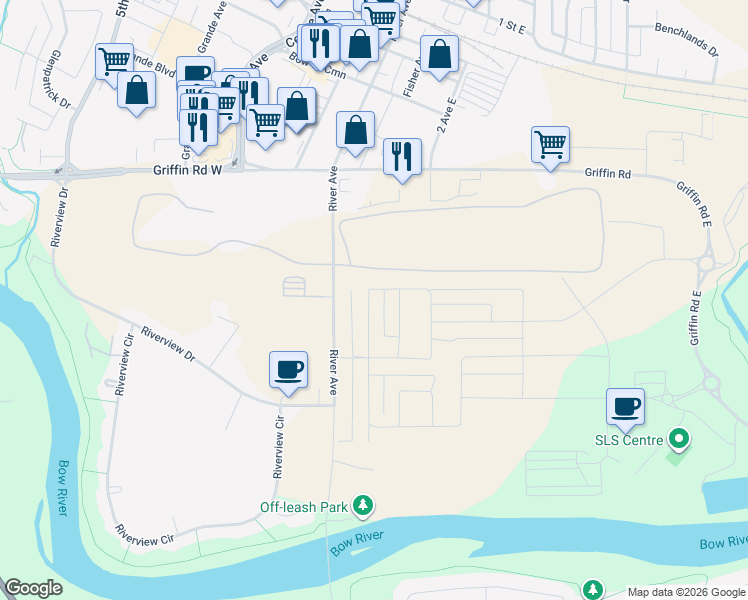 map of restaurants, bars, coffee shops, grocery stores, and more near 410 River Avenue in Cochrane
