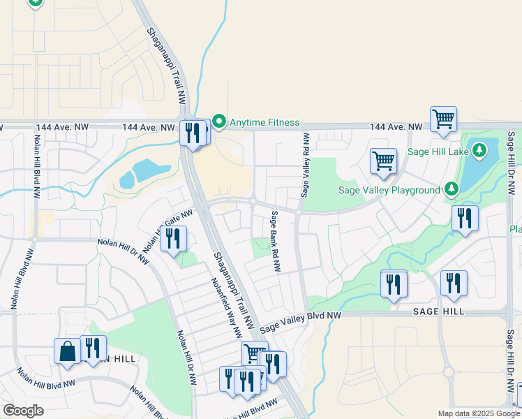 map of restaurants, bars, coffee shops, grocery stores, and more near 332 Sage Valley Drive Northwest in Calgary
